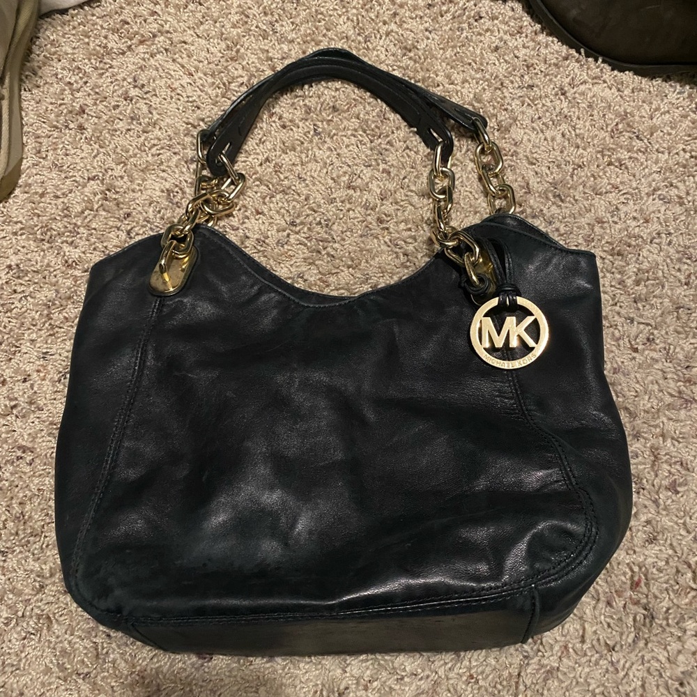 Michael Kors Black Leather Shoulder Bag with Gold Accents